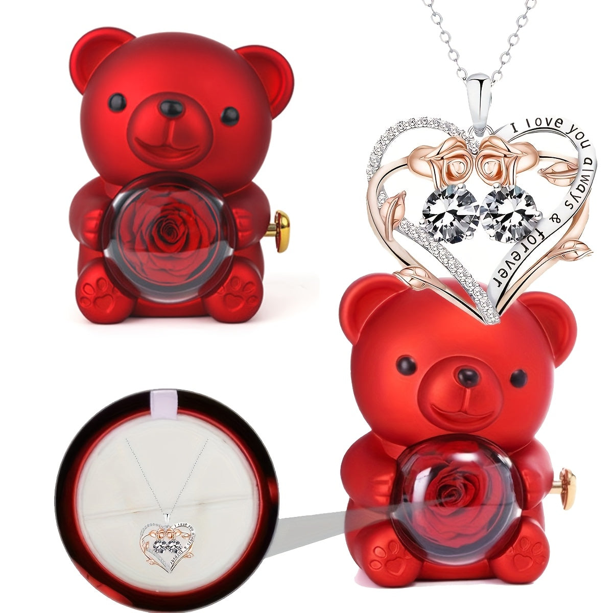 Miś z wieczną różą i naszyjnikiem