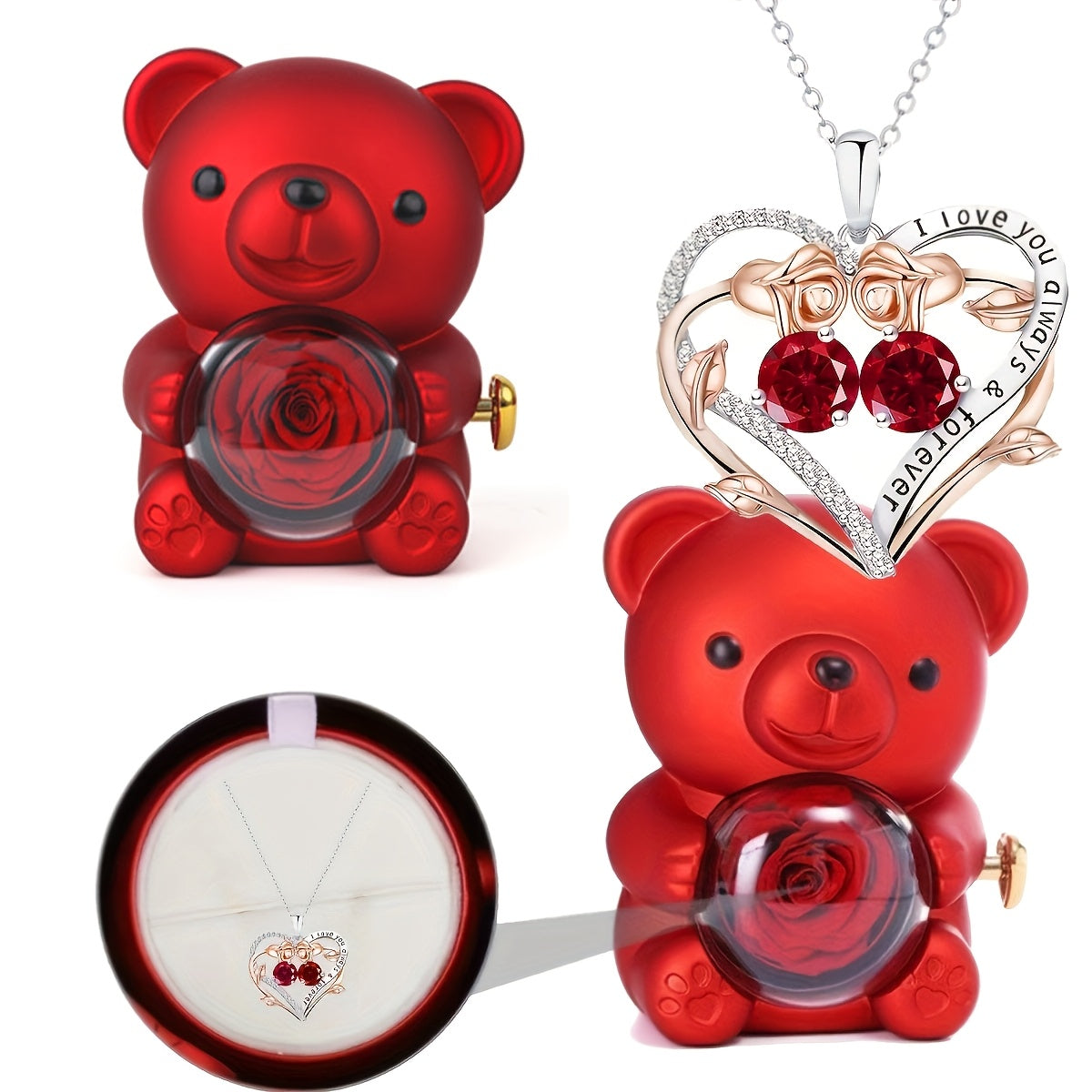 Miś z wieczną różą i naszyjnikiem